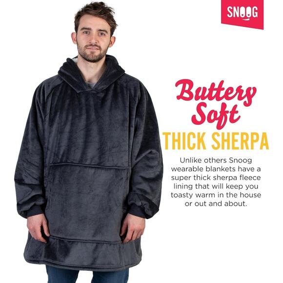 Oversized Wearable Blanket Hoodie, Cozy Sherpa Hoodie Blanket, w/Pocket, Grey - Picture 4 of 5